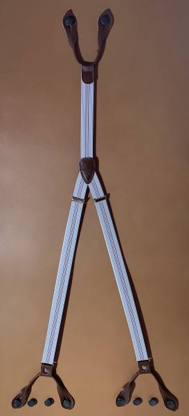 SUSPENDERS, 25mm wide, leather-colour brown, strap designgrey with 2 red and 1 grey stripe in the middle