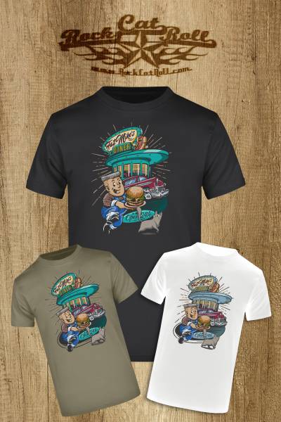 T-SHIRT "FAT MIKES DINER", in white, olive or black - Design by Tonys Tattoowork