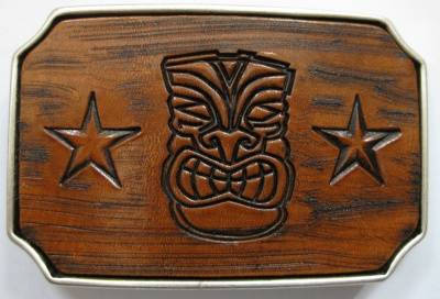 BUCKLE - TIKI and Stars handcrafted - brown - wood