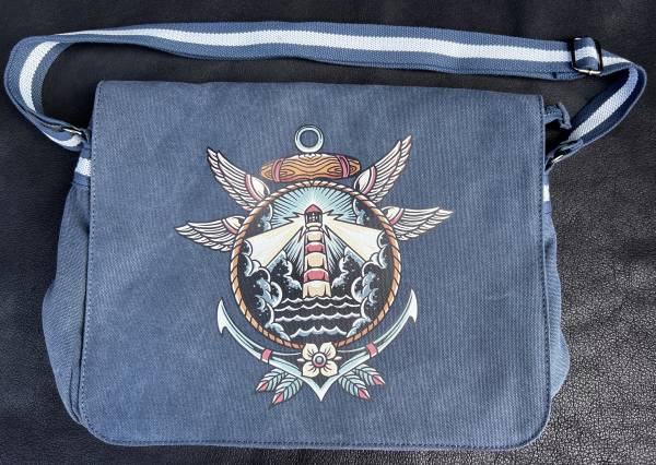 Vintage Despatch Bag, Canvas in navy blue with "Oldschool Lighthouse" print