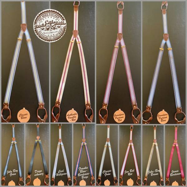 SUSPENDERS, 25mm wide, leather-colour brown, 12 various designs