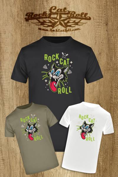 T-SHIRT "ROCKCATROLL CAT - green silhouette" in 3 verschiedenen Farben