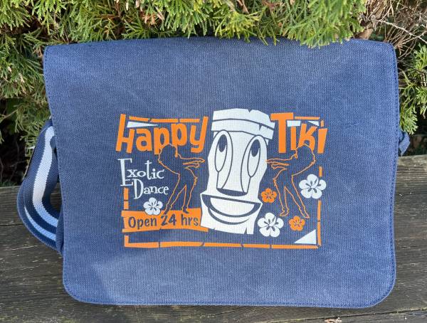 Vintage Despatch Bag, Canvas in navy blue with "Happy Tiki" print
